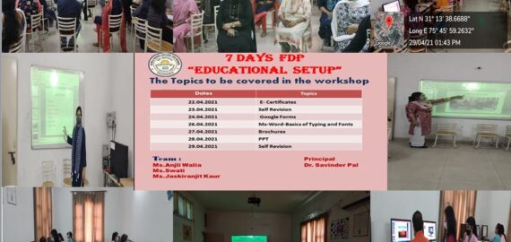 a seven day Faculty Development Programme (FDP) was organized from 22.04.21 to 29.04.21on the theme Use of Computers in an Educational Setup